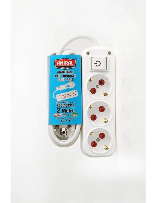 3 lü Topraklı Anahtarlı 2 Metre Kablolu Grup Priz