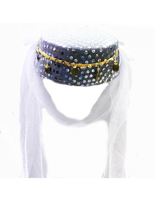 Beyaz Duvaklı Altın Pul İşlemeli Kına Fesi Kına Şapkası Oryantal Şapkası