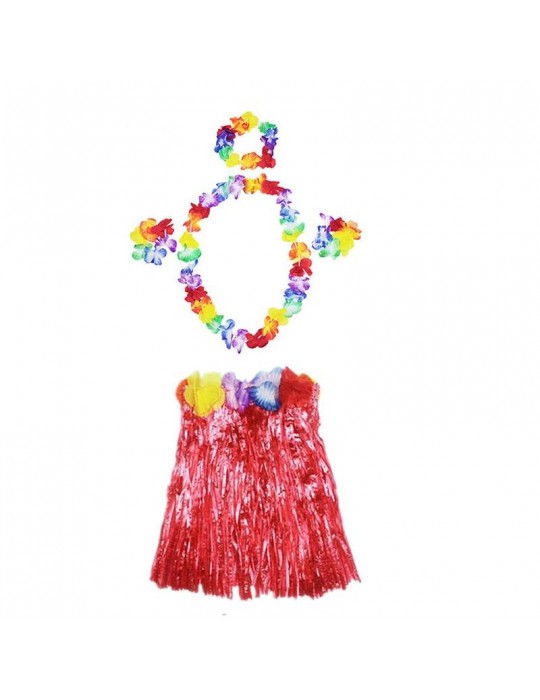 Luau Aloha Hawaii Kolye Etek Taç ve Bileklik Seti Kırmızı