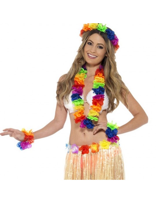 Rengarenk Hawaii Kolye Taç Bileklik Seti 4 Parça