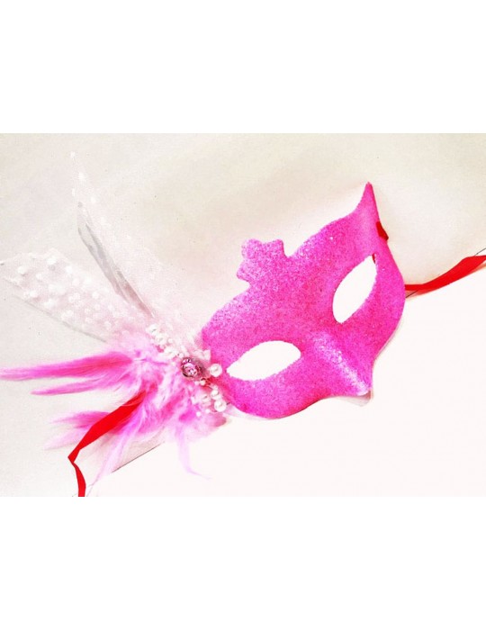 Sim İşlemeli İnci Boncuk Detaylı Tüylü Balo Maskesi Pembe Renk 13x18 cm