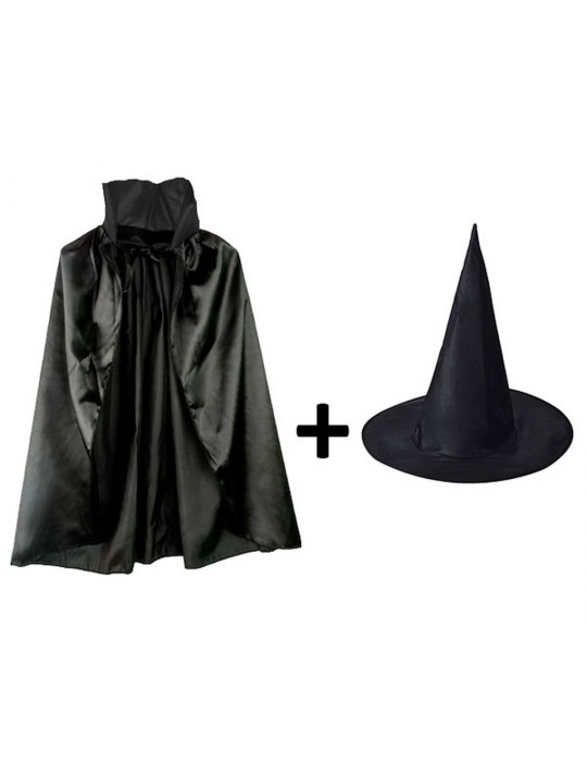 Siyah Yakalı Pelerin ve Siyah Cadı Şapkası Seti Çocuk Boy