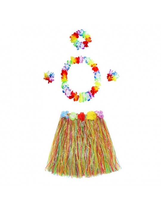 Yetişkin ve Çocuk Uyumlu Luau Aloha Hawaii Kolye Renkli Etek Taç ve Bileklik Seti