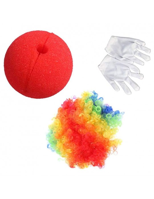 Rengarenk Palyaço Peruk Beyaz Eldiven Kırmızı Sünger Burun Palyaço Seti 3 Parça