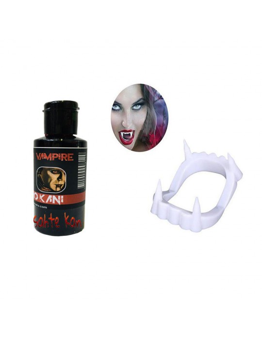Beyaz Renk Çift Damak Takma Vampir Dişi ve 50 gr Tiyatro Kanı