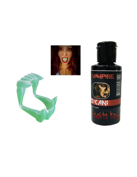 Fosforlu Çift Damak Takma Vampir Dişi ve 50 gr Tiyatro Kanı