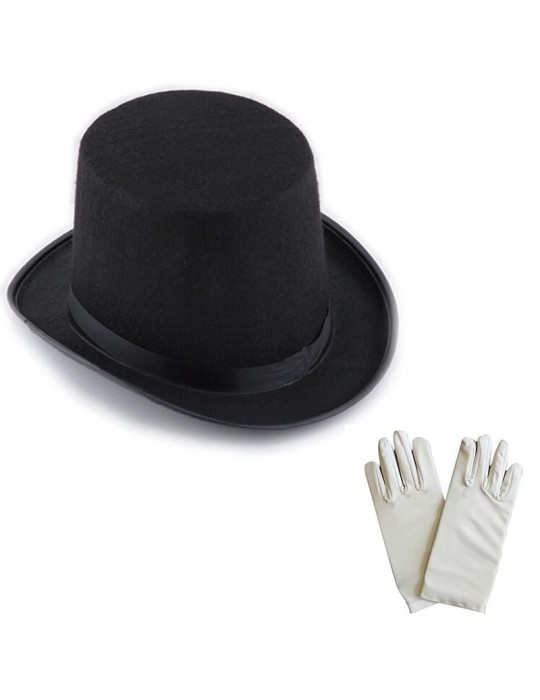 Siyah Sihirbaz Fötr Şapka 15 cm - 1 Çift Beyaz Sihirbaz Eldiveni - Yetişkin Boy