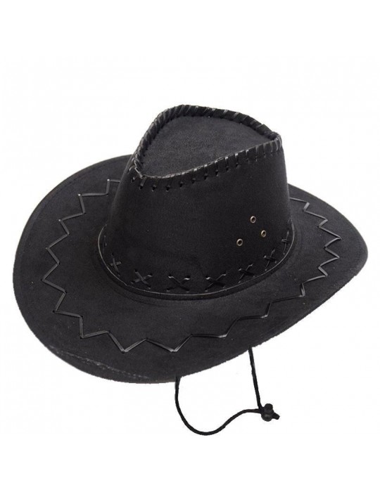 Bağcıklı Çocuk Boy Nubuk Süet Kovboy Şapkası Siyah Renk