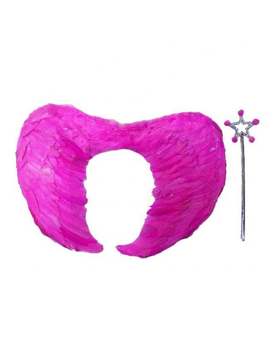 Gerçek Tüylü Katlanabilir Çocuk Pembe Melek Kanadı ve Asa Seti 40x55 cm
