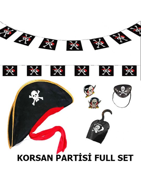 Çocuk Korsan Şapkası + Kancası + Göz Bandı + 2 Adet Yüzük + Afiş Seti