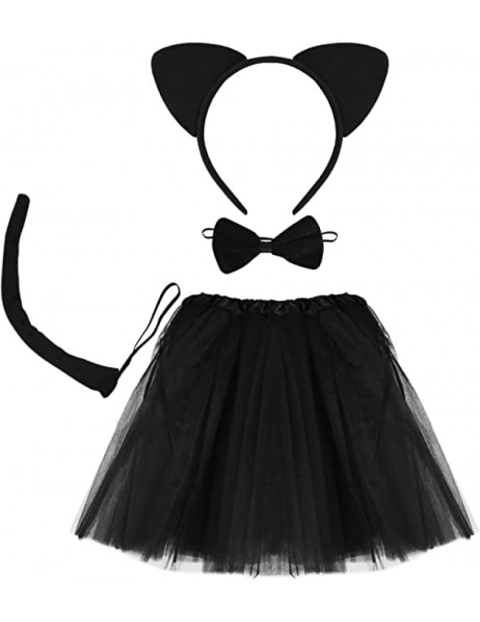 Kedi Eteği Tacı Kuyruğu ve Papyon Seti Siyah Renk Çocuk Boy