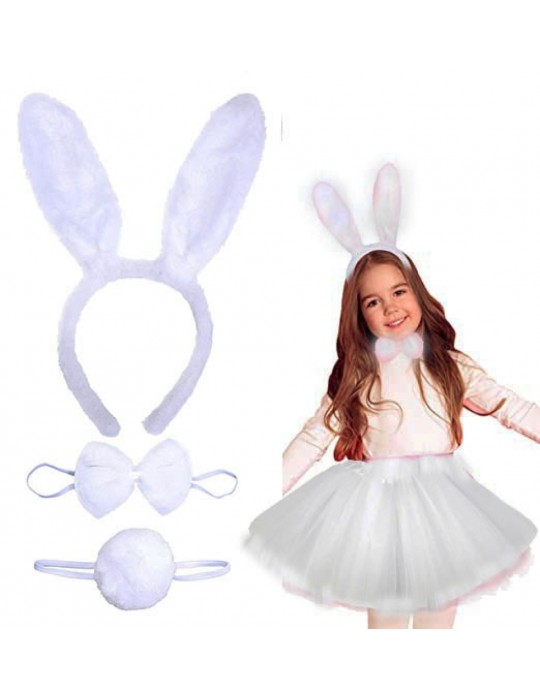 Tavşan Tacı Eteği Papyonu ve Kuyruk Kostüm Seti Beyaz Renk Çocuk Boy