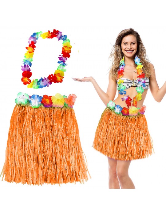 Hawaii Luau Aloha Turuncu Püsküllü 40 cm Etek ve Hawaii Kolye Seti