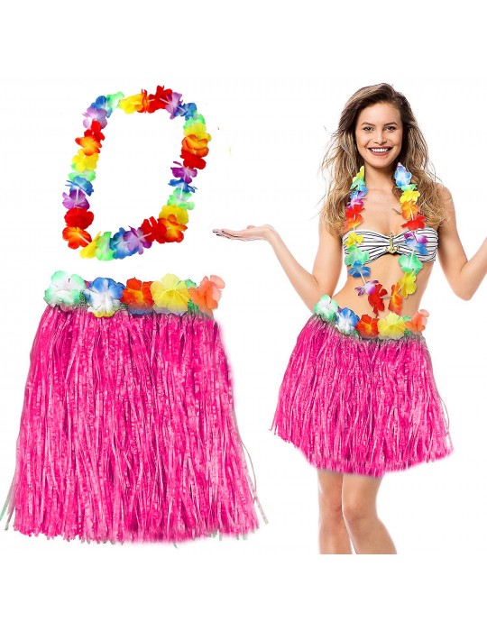 Hawaii Luau Aloha Pembe Püsküllü 40 cm Etek ve Hawaii Kolye Seti