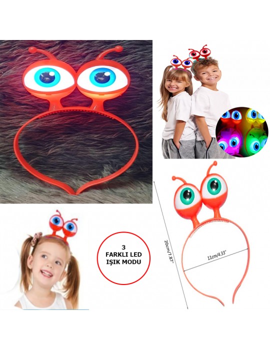 Led Işıklı & Pilli 3 Farklı Modda Yanan Uzaylı Göz Parti Tacı Kırmızı Renk 18x12 cm