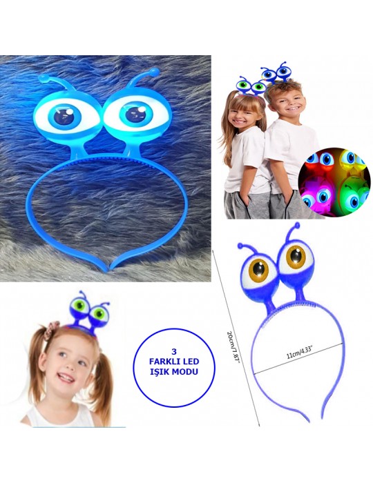 Led Işıklı & Pilli 3 Farklı Modda Yanan Uzaylı Göz Parti Tacı Mavi Renk 18x12 cm