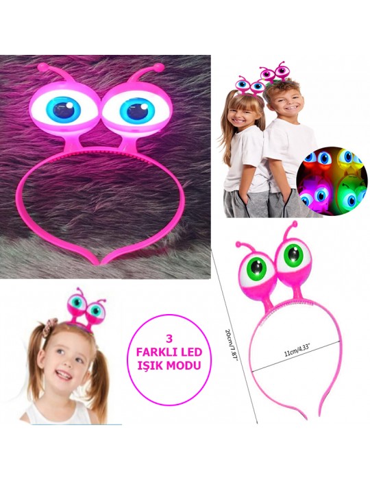 Led Işıklı & Pilli 3 Farklı Modda Yanan Uzaylı Göz Parti Tacı Pembe Renk 18x12 cm