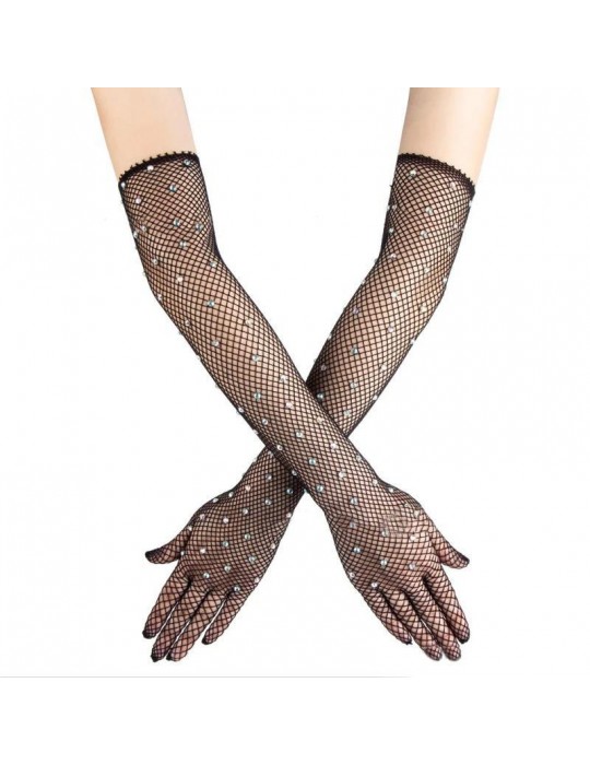 Siyah Renk İncili Elmas İşlemeli File Örgü Uzun Eldiven 45 cm