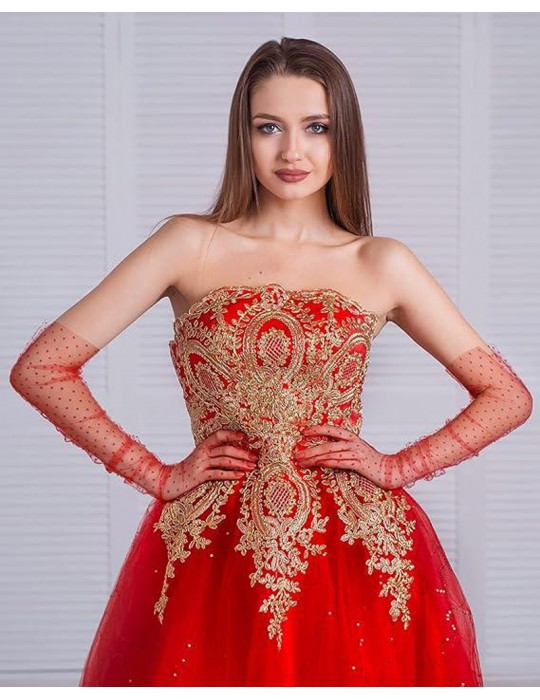 Uzun Boy Kırmızı Puantiyeli Kırmızı Renk Yetişkin Tül Eldiven 55 cm