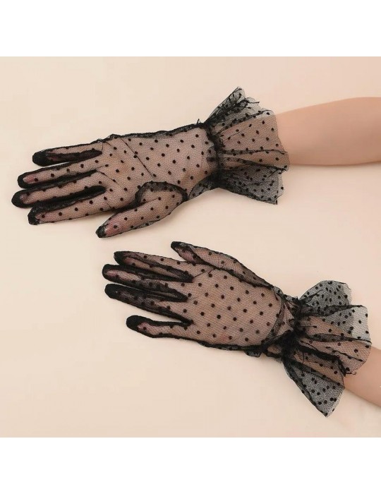 Kısa Boy Güpürlü Siyah Puantiyeli Tül Eldiven Siyah Renk