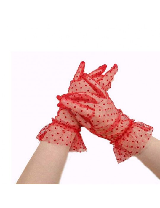 Kısa Boy Güpürlü Kırmızı Puantiyeli Tül Eldiven Kırmızı Renk