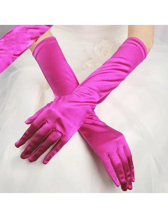 Uzun Boy Ekstra Parlak Saten Eldiven Fuşya Renk