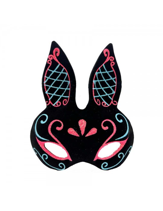 Siyah Renk Mavi Kırmızı Simli Siyah Süet Kaplama Tavşan Maskesi 18x16 cm