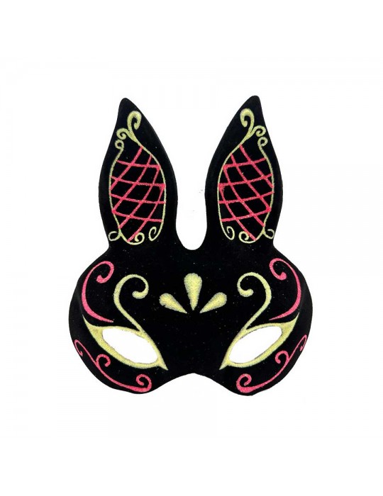 Siyah Renk Kırmızı Gold Simli Siyah Süet Kaplama Tavşan Maskesi 18x16 cm