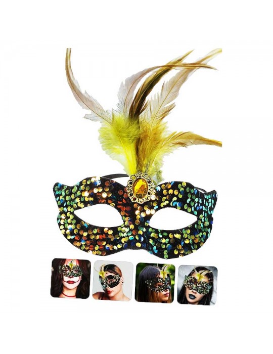 Siyah Kadife Üzeri Rengarenk Payetli Pullu Sarı Tüylü Sarı Taşlı Parti Maskesi 19x21 cm