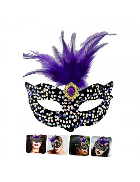 Siyah Kadife Üzeri Rengarenk Payetli Pullu Mor Tüylü Mor Taşlı Parti Maskesi 19x21 cm