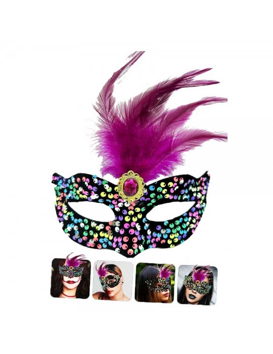 Siyah Kadife Üzeri Rengarenk Payetli Pullu Pembe Tüylü Pembe Taşlı Parti Maskesi 19x21 cm