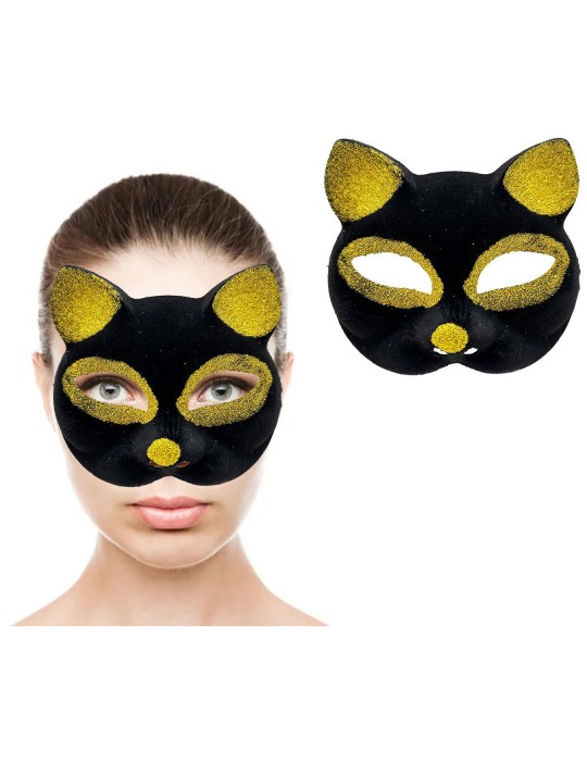 Siyah Renk Gold Simli Süet Kaplama Kedi Maskesi 18x14 cm