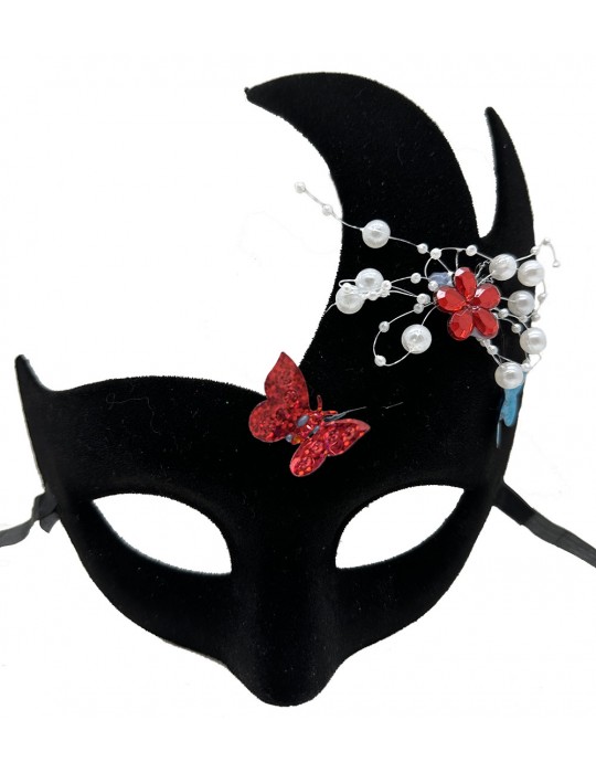 Siyah Renk İncili Taşlı Süet Kaplama Venedik Parti Maskesi 20x22 cm
