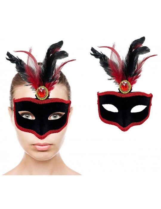 Kırmızı Dantelli Siyah Kırmızı Tüylü Siyah Süet Kaplama Parti Maskesi 17x25 cm