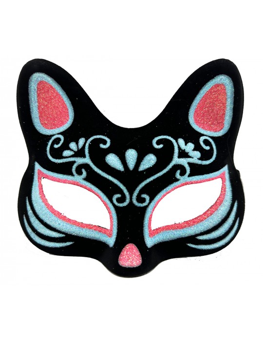 Siyah Renk Üzeri Mavi Kırmızı Simli Süet Kaplama Kedi Maskesi 17x14 cm