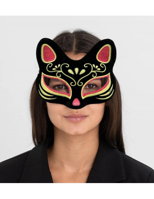 Siyah Renk Süet Kaplama Üzeri Kırmızı Sarı Simli Kedi Maskesi 17x14 cm