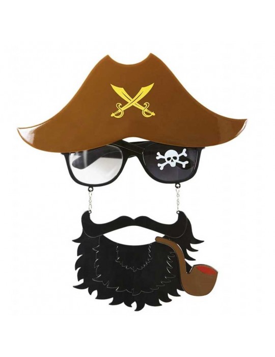 Kahve Renk Şapkalı Siyah Sakallı Pipolu Jack Sparrow Denizci Korsan Gözlüğü 24x25 cm