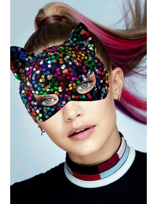 Siyah Kadife Kumaş Üzerine Rengarenk Payetli Pullu Parti Maskesi 16x14 cm