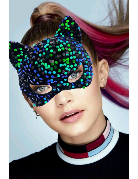 Siyah Kadife Kumaş Üzerine Mavi Yeşil Payetli Pullu Parti Maskesi 16x14 cm