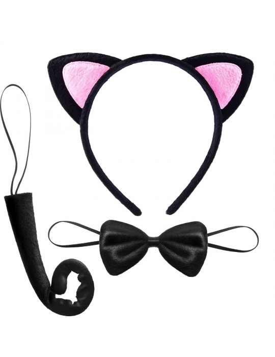 Kedi Kulak Taç Kuyruk ve Papyon 3 lü Set Çocuk Boy Pembe Renk