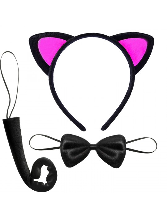 Kedi Kulak Taç Kuyruk ve Papyon 3 lü Set Çocuk Boy Fuşya Renk
