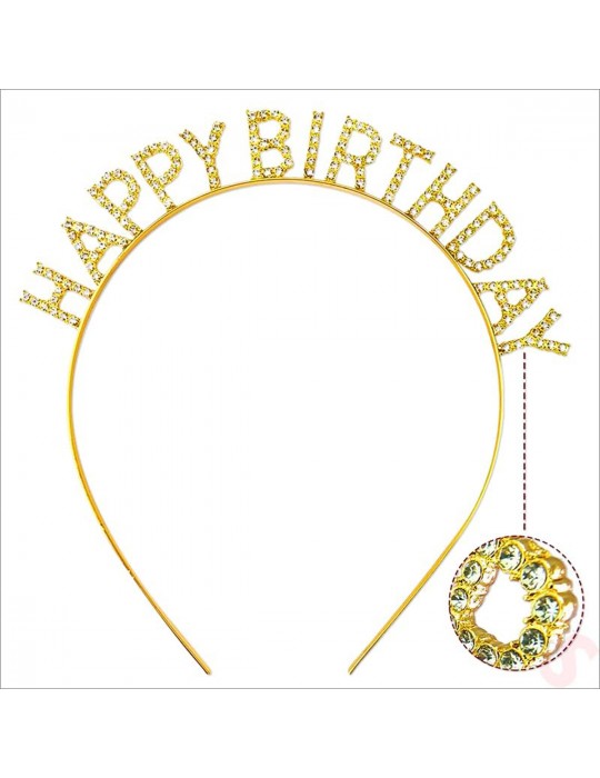 Altın Gold Renk Kristal Taşlı Parlak Happy Birthday Taç 16x17 cm