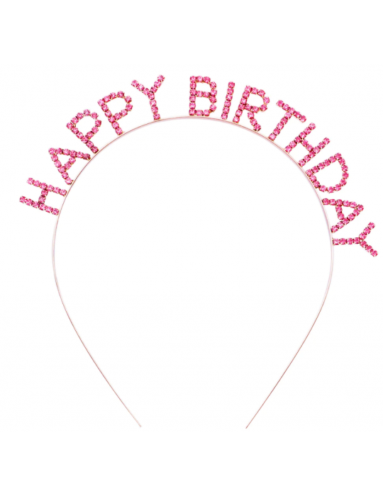 Pembe Renk Kristal Taşlı Gold Renk Kaplama Happy Birthday Taç 16x17 cm