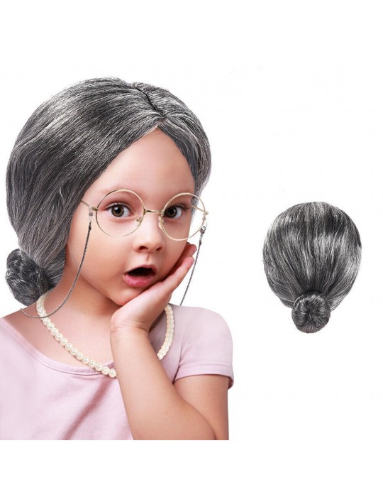 Gri Renk Yaşlı Peruğu Takma Saç Anneanne Babaanne Yetişkin Çocuk Uyumlu