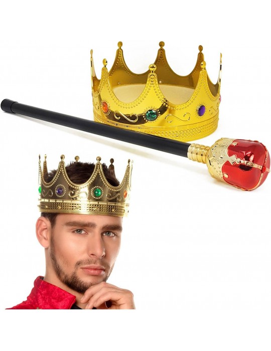 Altın Renk 60 cm Kral Tacı Kraliyet Tacı ve Kırmızı Topuzlu Kral Asası Seti