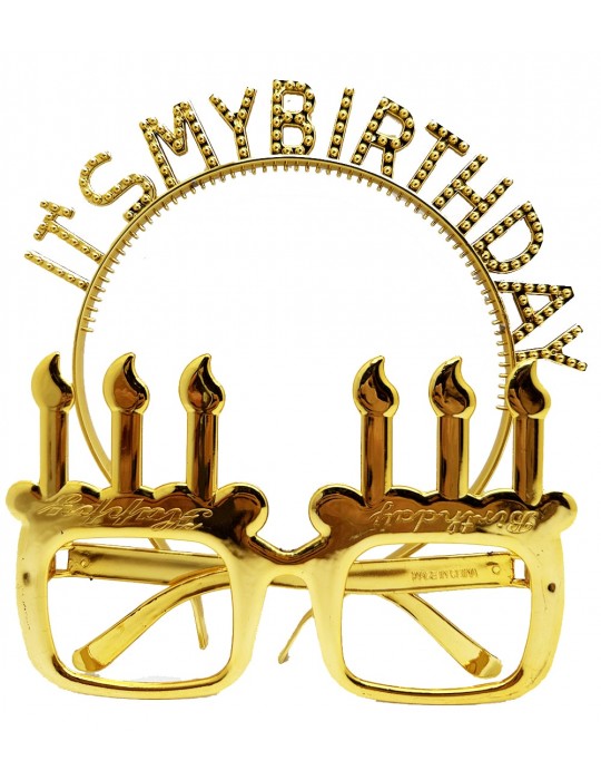 İt's My Birthday Yazılı Taç ve Mum Şekilli Gözlük Seti Altın Renk