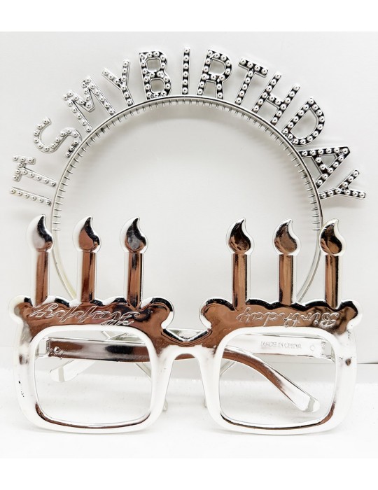 İt's My Birthday Yazılı Taç ve Mum Şekilli Gözlük Seti Gümüş Renk