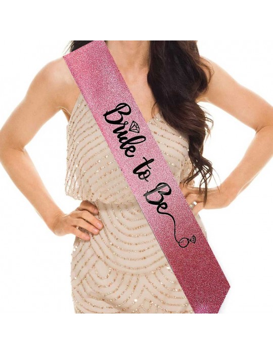 Pembe Üzeri Siyah İtalik Alyanslı Bride To Be Yazılı Simli Işıltılı Kuşak Kemer 10x80 cm