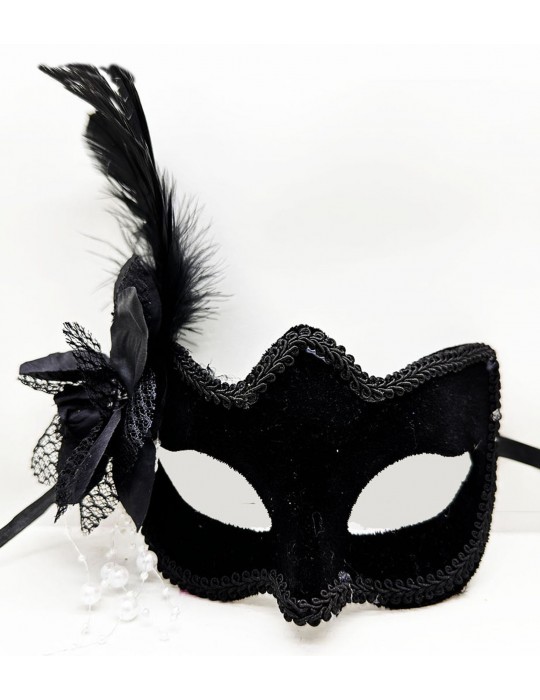 Siyah Renk Yandan Tüylü Süet Kaplama Lüks Parti Maskesi 20x23 cm