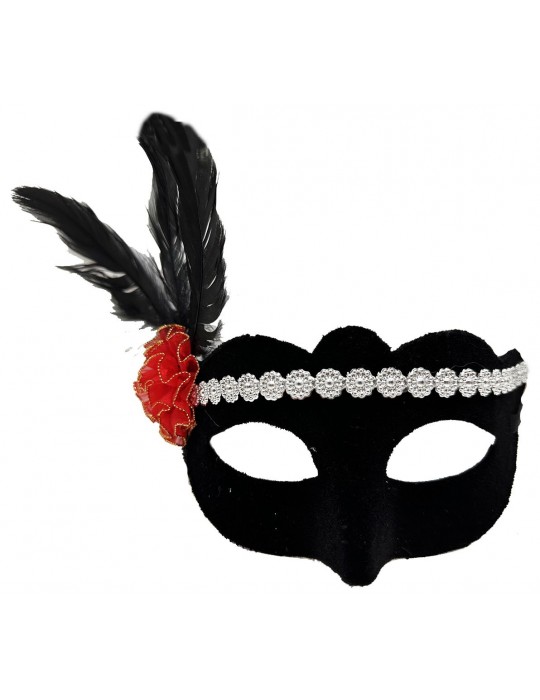 Siyah Renk Süet Kaplama Gümüş Dantelli Kırmızı Gül Tasarımlı Parti Maskesi 18x20 cm